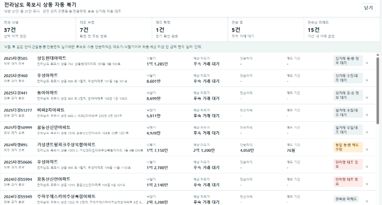 줍줍 거래 복기 화면